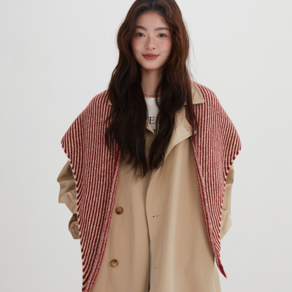 Korean-Style Wool Striped Triangle Large Shawl for Women, Autumn and Winter Warm Neck Protection, Knitted Cape for Cross-Border