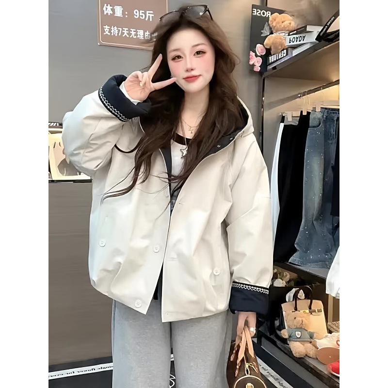 时尚百搭连帽拼色加绒加厚冲锋衣女2025秋冬新款加厚保暖棉衣外套