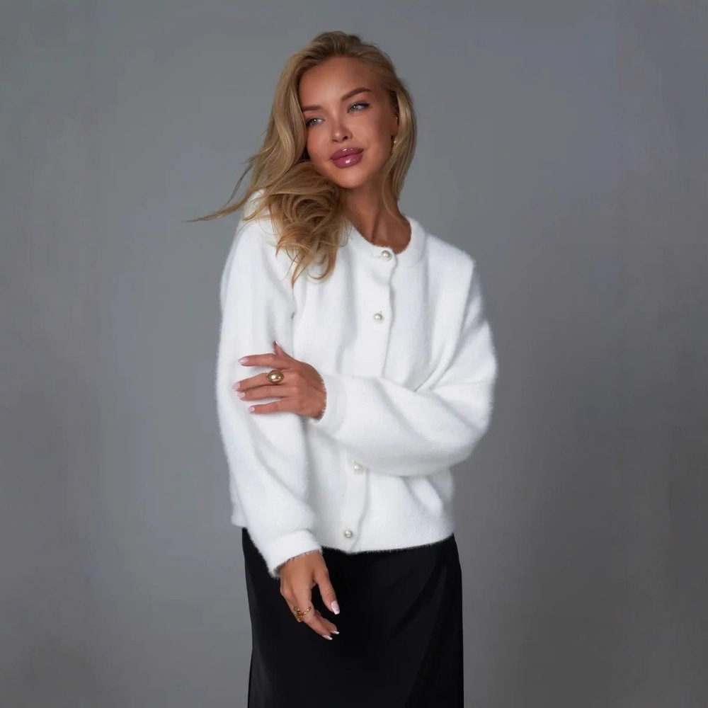 Faux Mink Knit Cardigan – Soft Oversized Button-Up Sweater Coat (One Size, Round Neck, Long Sleeve, Thick & Cozy, White, Perfect For Layering)_voghion.com