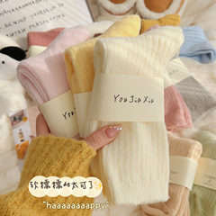 純色豎條毛絨襪子女中筒襪秋冬季加絨加厚保暖日系毛毛襪冬天長襪