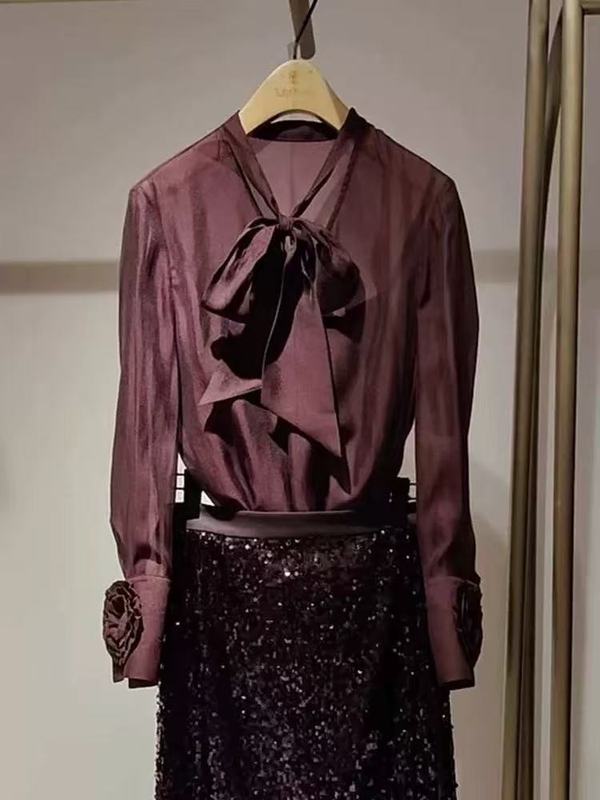 欧品高級感軽熟風アンゴラ紅系シャツ2025春新作ファッション気質減齢上着|undefined