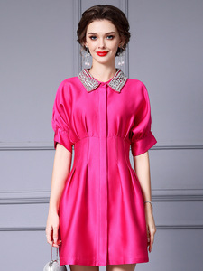 Zhili Dingdiamond Doll Neck Dress Rose Red High end Exquisite Raglan Sleeves A-line Dress Small stature 2024 Summer