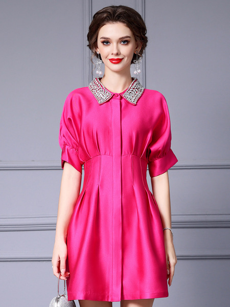 Zhili Dingdiamond Doll Neck Dress Rose Red High end Exquisite Raglan Sleeves A-line Dress Small stature 2024 Summer