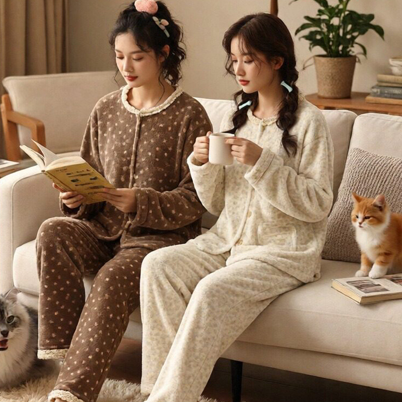 Winter Fleece-Lined Button-Up Cardigan with Lace Trim, Warm Women's Fashion Loungewear Set That Can Be Worn Outside