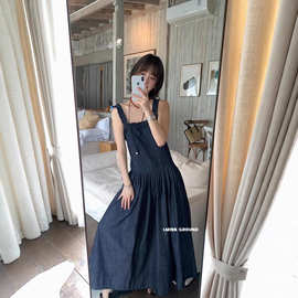 IMISS 夏季法式时髦复古风重工褶皱直筒牛仔长款连衣裙女R80680