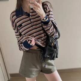 南油MM家26早春秋甜美少女感显瘦复古条纹长袖软糯翻领针织上衣女