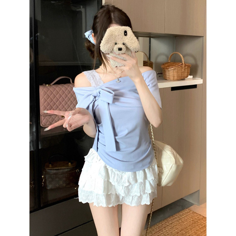 Pure Desire デザインオフショルダー半袖 Tシャツ女性の夏ニッチホットガールレーススリムユニークなワンショルダートップイン|undefined