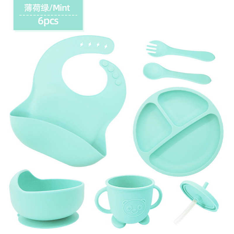 Vajilla de silicona para niños Juego de 6 piezas de silicona para bebés Tazón de alimentos complementarios separados Cuchara tenedor Taza para aprender a beber Juego de vajilla para madres y bebés