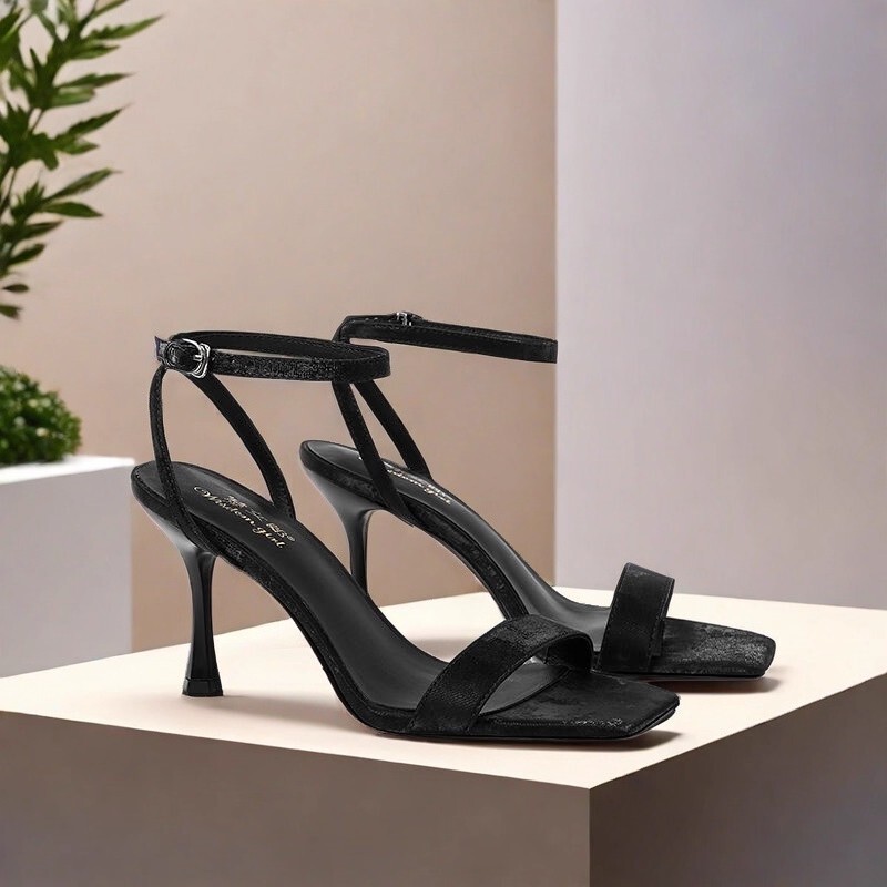 2025 New Black Square-Toe Strap Sandals for Women, Versatile High Heels, Suitable for Wide and Fat Feet