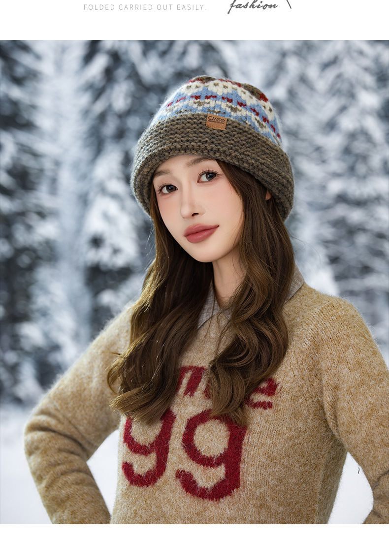 Etichetta in pelle stile Fair Isle con bordo arrotolato, maglia di lana, autunno inverno, retrò, snellente, natalizio, casual, antivento, caldo_voghion.com