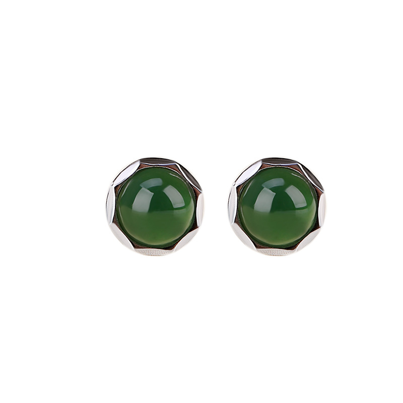 Khuyên tai nữ bạc S925 đá ngọc bích và jasper hạt tròn cắt nhỏ thanh lịch — Một cặp