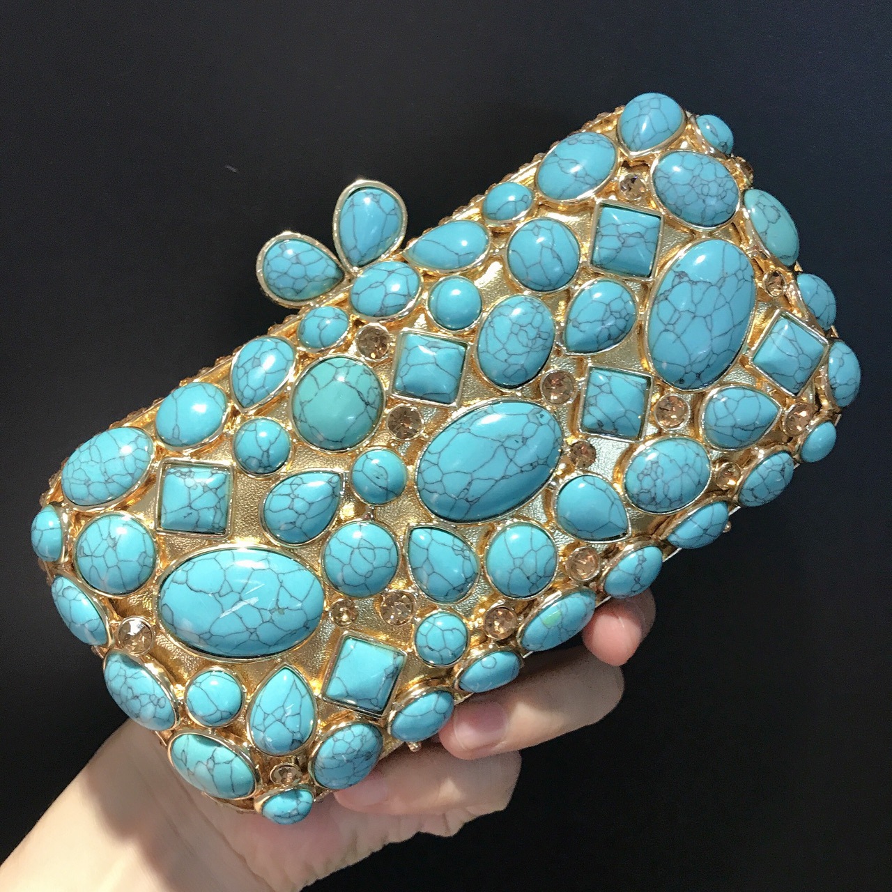 Túi clutch dạ tiệc đính đá rhinestone mã não màu ngọc lam — Màu vàng