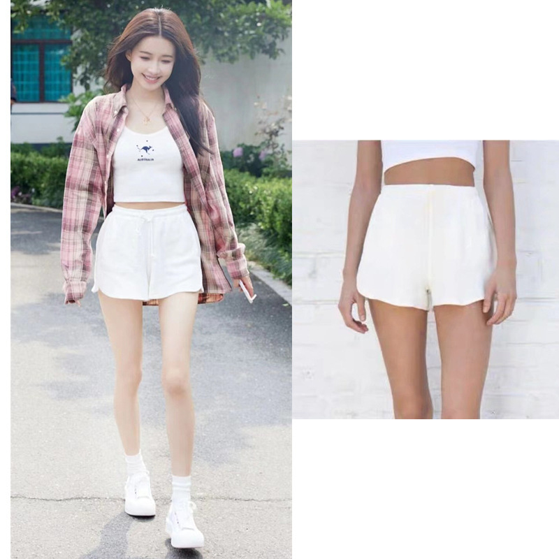 BM 스타일 Sun Yi 같은 스타일 와플 스포츠 반바지 여성 봄과 여름 새로운 Bm 빈티지 레이스 업 코튼 캐주얼 바지