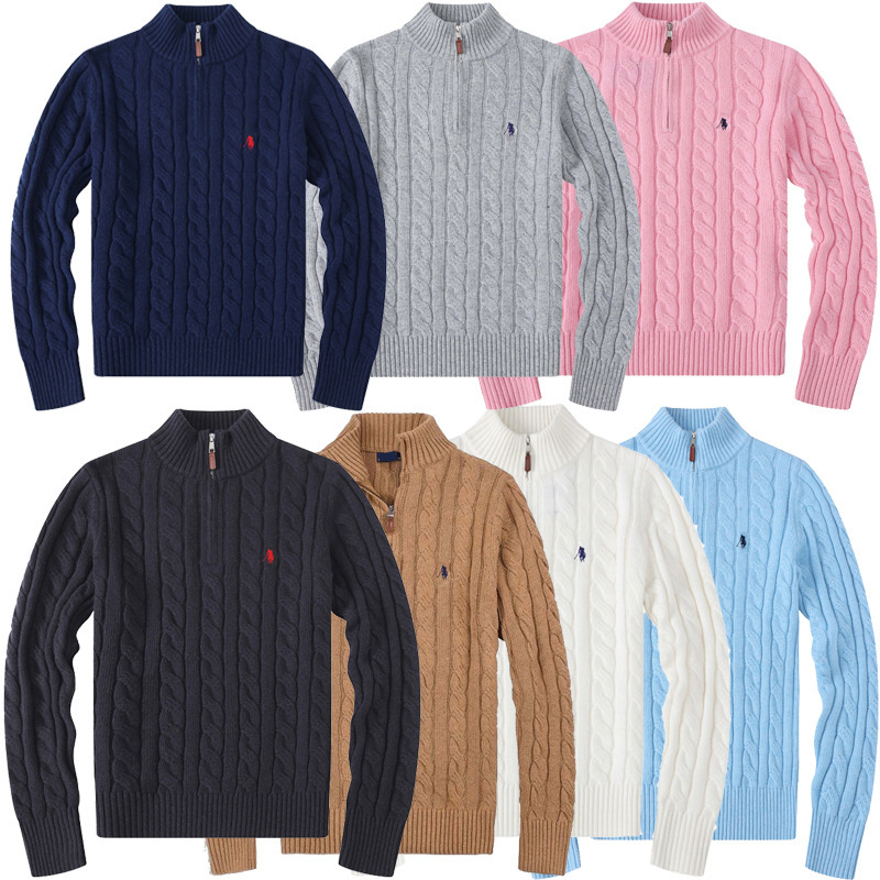 Paul Polo Pony Logo Men's Autumn and Winter Wool Knitwear Men's Stand Collar Half-High Zipper Twisted Twist Knitwear