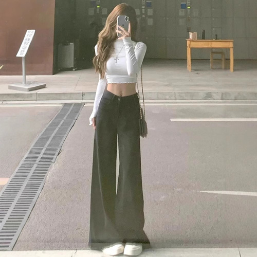 American Retro High-Waisted Wide-Leg Denim Jeans for Women - Summer Loose Slimming Flowy Black Fringe Floor-Length Pants