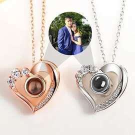 100种语言我爱你投影s925银爱心形照片定 制吊坠气质百搭锁骨链女