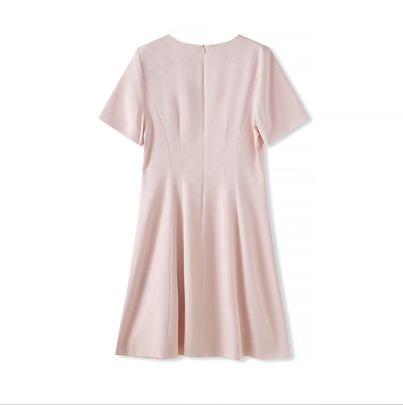 Đầm suông tay ngắn cổ tròn chất liệu tơ nhân tạo dệt jacquard thanh lịch — màu hồng chi tiết 15