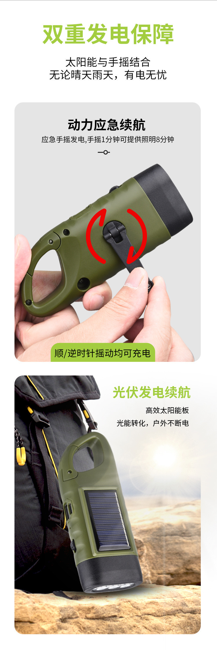 Emergency Flashlight with Strong Light, Long Battery Life, Large Capacity, Solar-Powered Hand-Crank Generator, Outdoor Charging, Portable