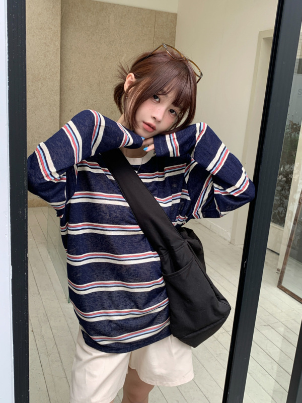 GAGD 通気性のある薄いニットブラウス、透明な日焼け止めシャツ、コントラストストライプのルーズトップ、女性用長袖Tシャツ|undefined