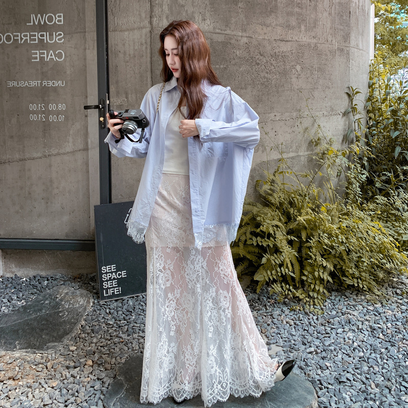 实拍蓝色慵懒风衬衫半身裙显瘦套装女2025春秋季新款松弛感两件套|undefined