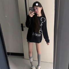 黑色字母印花纯棉长袖女t恤秋季宽松甜酷风打底内搭上衣打底衫ins