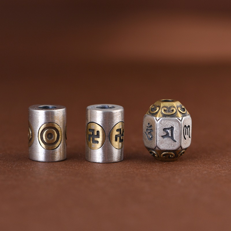 金鹿王 S925银配件文玩盘缠编绳DIY银隔珠桶珠万字六字真言散珠