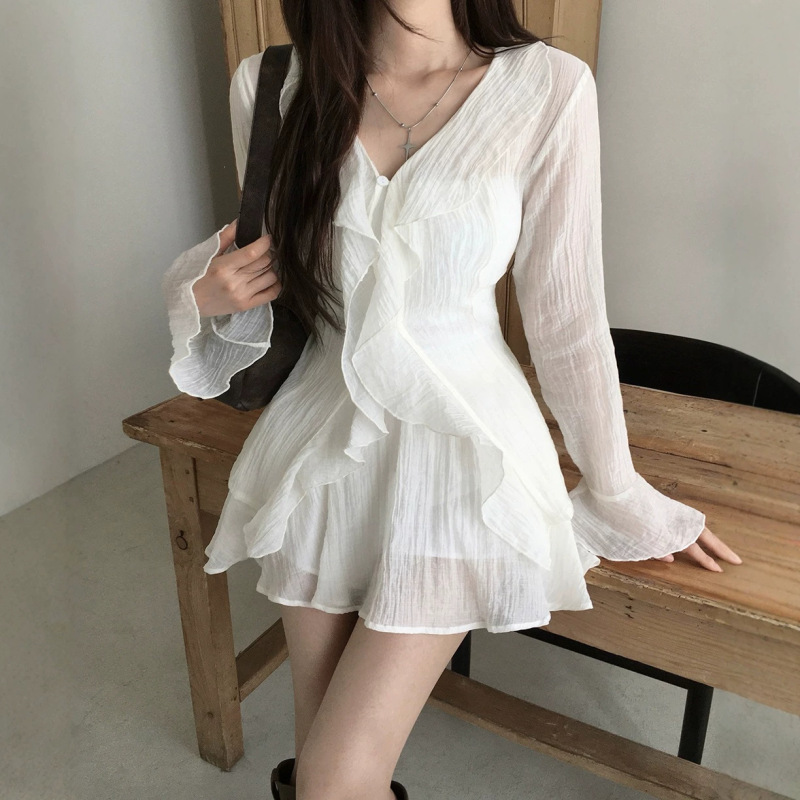 Fairy Ruffled Two-Piece Dress with Flared Long Sleeves for Petite Figures
