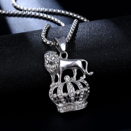 Euro-American Cross-Border Hip-Hop Jewelry Hot Sale: Titanium Steel Gold-Plated Crown Pendant Necklace with Diamond-Inlaid Lion Head Designs