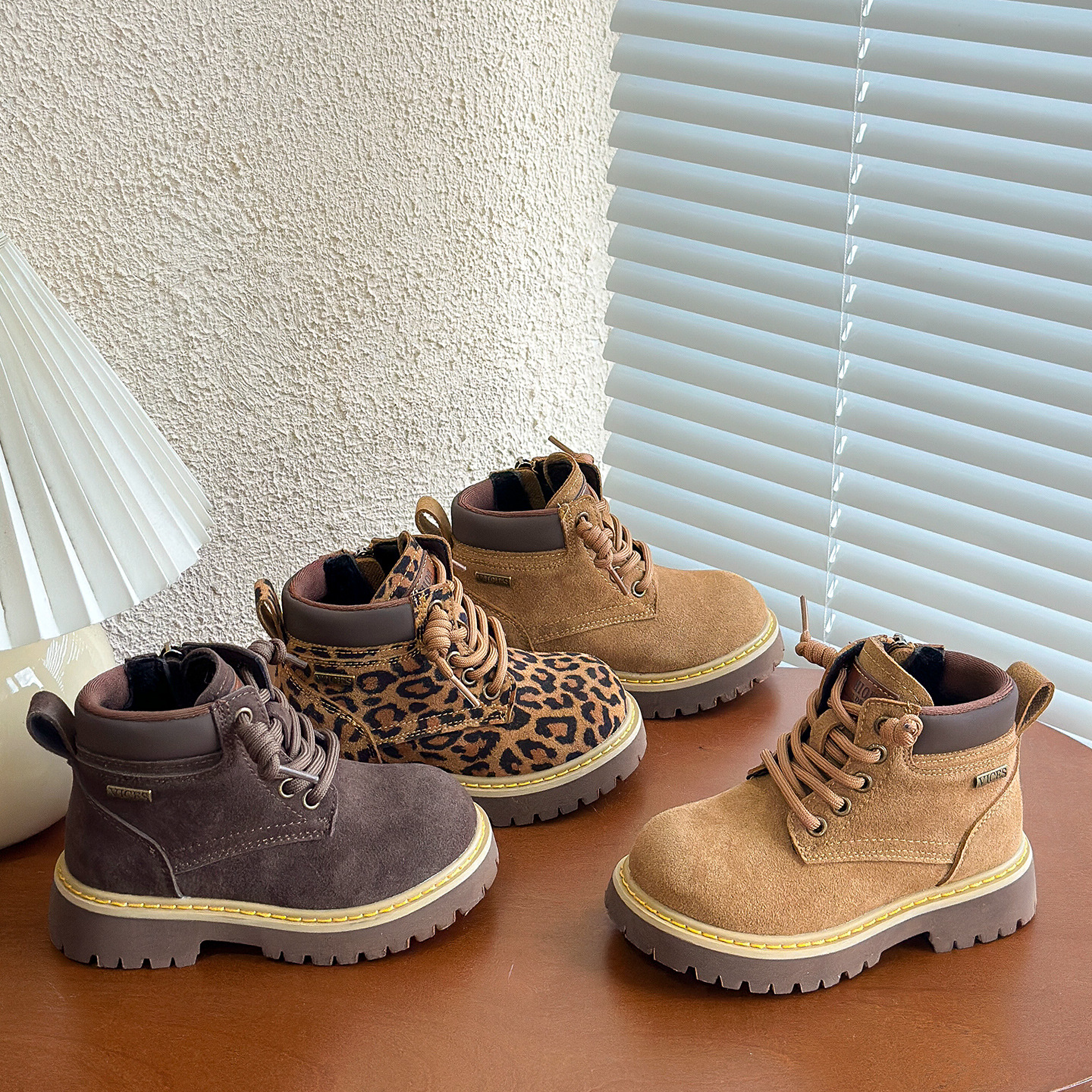 Children's Frosted Genuine Leather Boots, Fashionable Leopard Print Boys' Cotton Short Boots, Winter British Style Girls' Rhubarb Boots