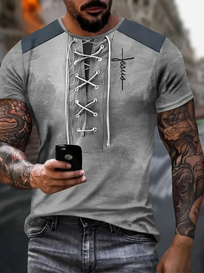 AliExpress europeo y americano venta caliente pseudo cordón decoración impresión 3D hombres verano suelto transpirable manga corta cuello redondo camiseta