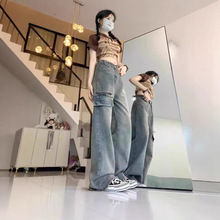 美式复古工装裤设计感毛边牛仔裤女春秋高腰阔腿裤直筒宽松长裤子