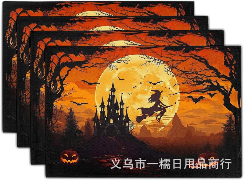 国境を越えたtemu爆発ハロウィーンの食事マットカボチャ頭蓋魔女スパイダーデジタルプリントマット断熱マット装飾|undefined