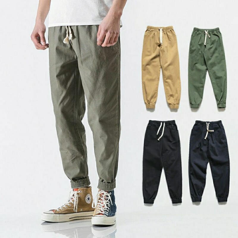 Spring and Autumn Japanese Style Men's Cargo Pants Casual Jogger Student Harem Trendy Solid Color Slim Fit Cuffed Long Pants Cotton