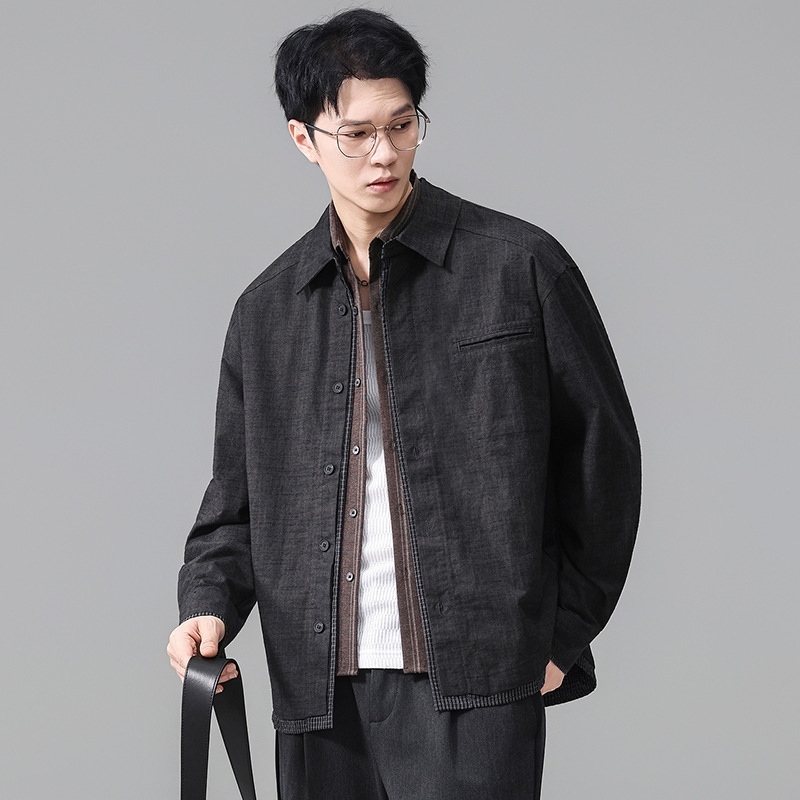 Black pure cotton denim shirt for men, long sleeve, 2026 new autumn and winter style, loose fit, turn-down collar, vintage shirt jacket, faux two-piece Black pure cotton denim shirt for men, long sleeve, 2026 new autumn and winter style, loose fit, turn-down collar, vintage shirt jacket, faux two-piece