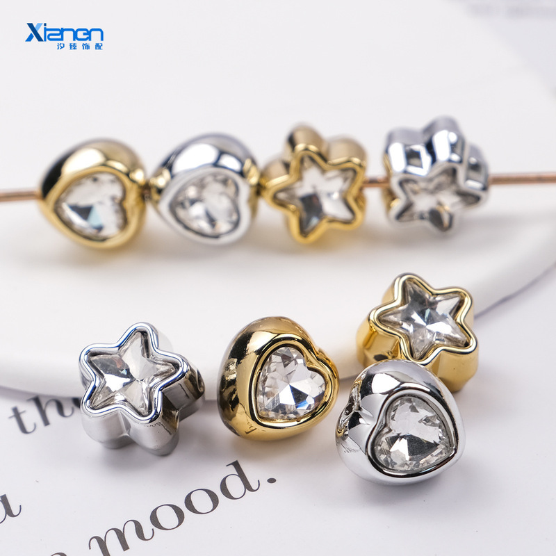 Gold-plated silver imitation zircon double-sided drill perforated love star accessories string pen bag hanging mobile phone chain diy jewelry material Gold-plated silver imitation zircon double-sided drill perforated love star accessories string pen bag hanging mobile phone chain diy jewelry material