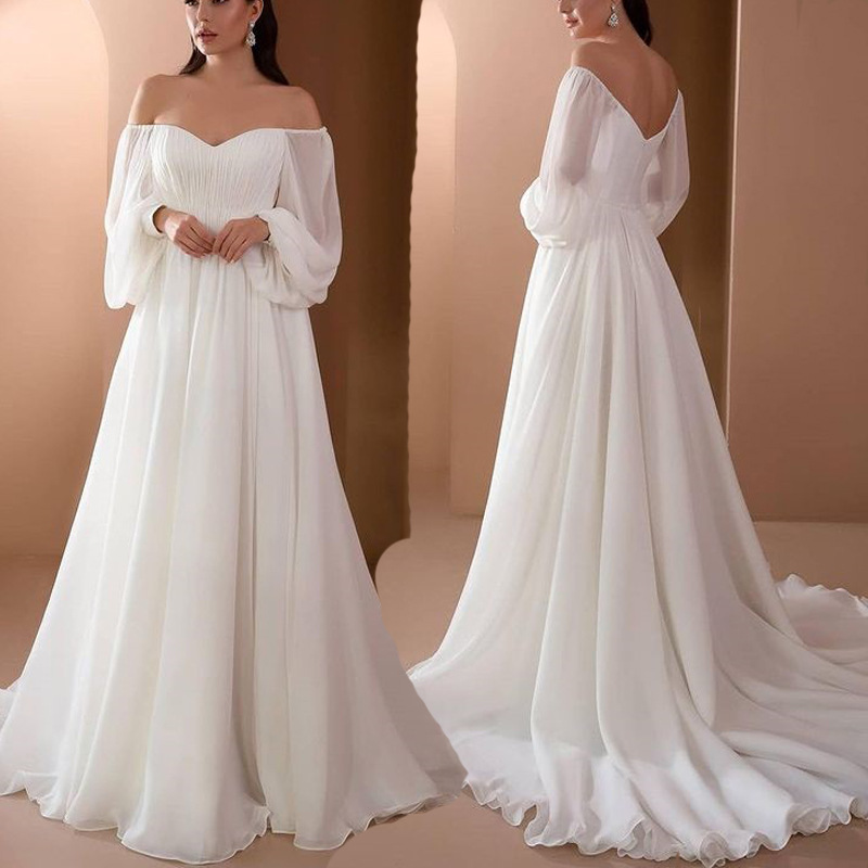 Comercio exterior europeo y americano nueva ropa de mujer Amazon nuevo vestido de fiesta de boda de manga larga vestido de gasa de color sólido