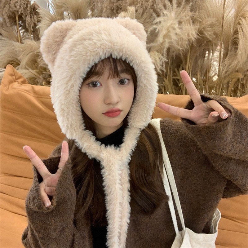 可爱小熊毛绒帽子女秋冬季保暖显脸小针织毛线帽大头围护耳包头帽|undefined