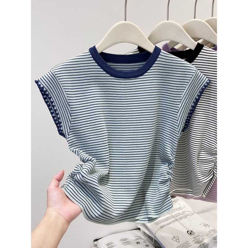 韓国風コントラストカラーアイスシルク薄手Tシャツレディースおしゃれ年齢軽減ストライプ半袖2025夏ファッション小飛袖トップス|undefined