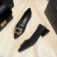 Women's 2024 New Pointed Shallow Mouth   Water Diamond Soft Sole Black Work Shoes with Thick Heels