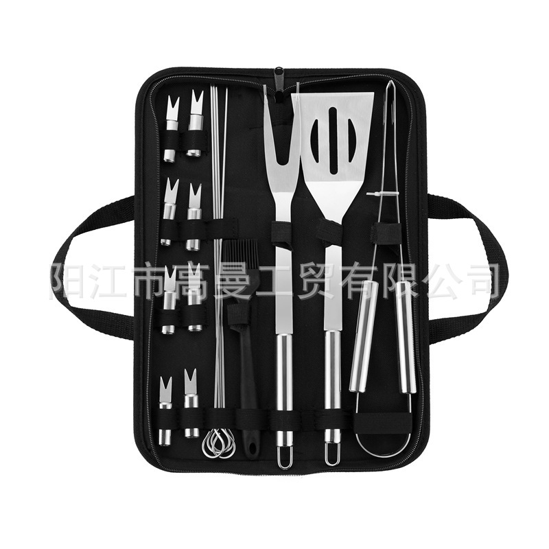Juego de herramientas para barbacoa personalizado para comercio electrónico transfronterizo, exportación de fábrica, venta al por mayor, portátil, varios estilos, con bolsa de tela y asa pequeña.
