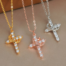 项链女欧美跨境 创意个性钛钢十字架项链气质镂空彩色锆石 锁骨链
