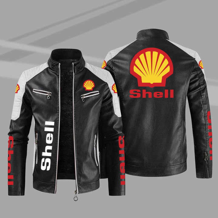 Cross-border large size PU leather jacket shell shell car logo Road lubricating oil brand velvet padded winter jacket