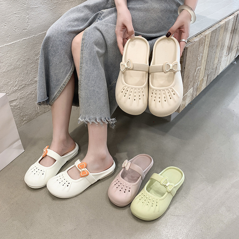 French-Style Closed-Toe Half-Slipper Women's Summer Outdoor Lightweight Fashionable Breathable Slip-On Shoes Work Shoes Flat Perforated Sandals 811