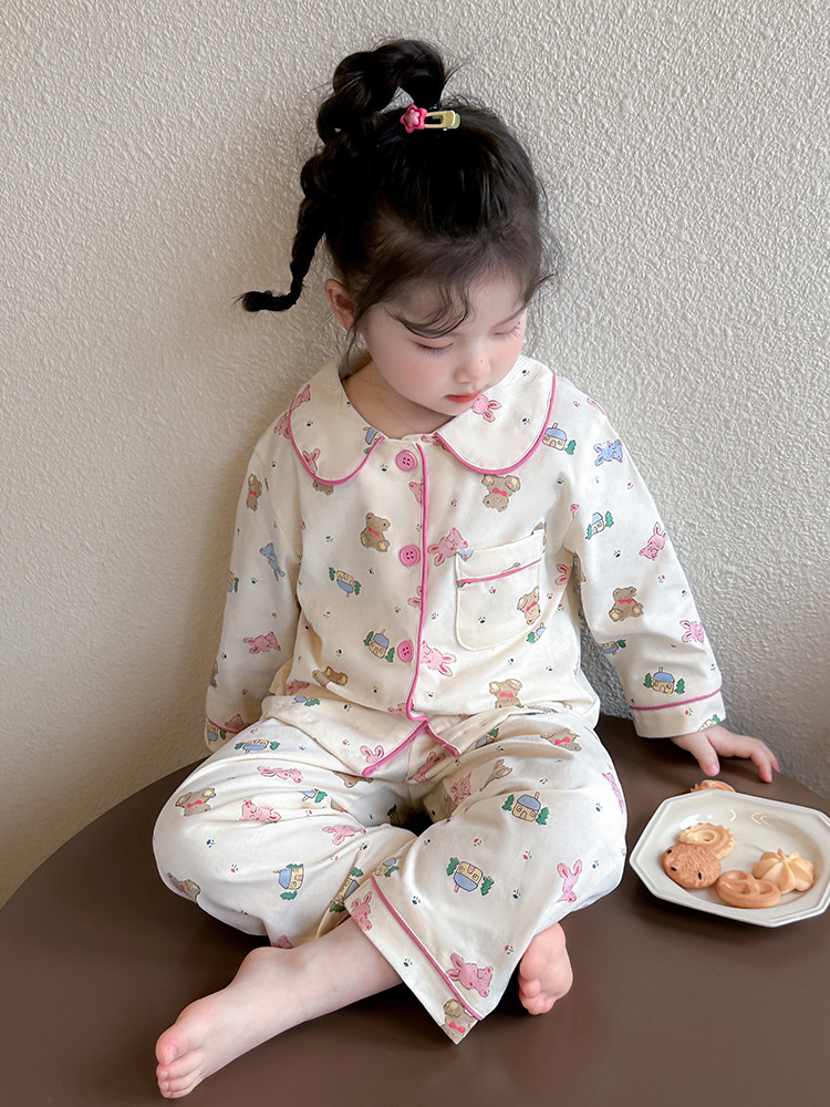 Pijamas para niñas primavera y otoño 2025 nuevo estilo cuello de muñeca para niños traje de servicio a domicilio de manga larga traje de dos piezas de otoño para bebés