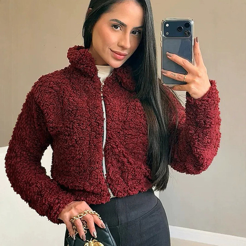 European and American cross-border foreign trade short faux lamb wool teddy jacket with zipper and stand-up collar, versatile casual jacket for parties European and American cross-border foreign trade short faux lamb wool teddy jacket with zipper and stand-up collar, versatile casual jacket for parties
