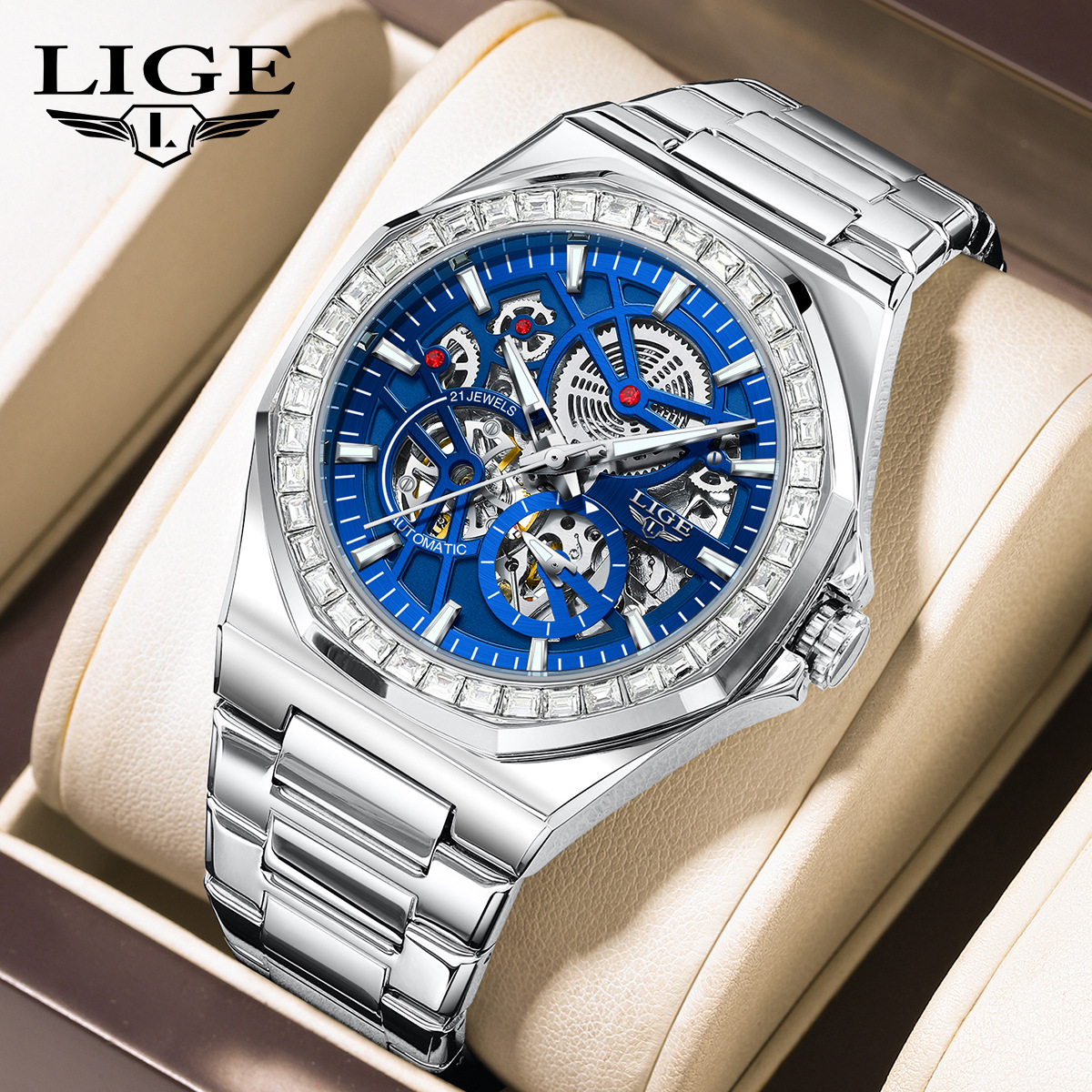 Lige/New Men's Watch High-End Waterproof Steel Belt Luminous Tourbillon Cut Out Watch Business Men's Watch
