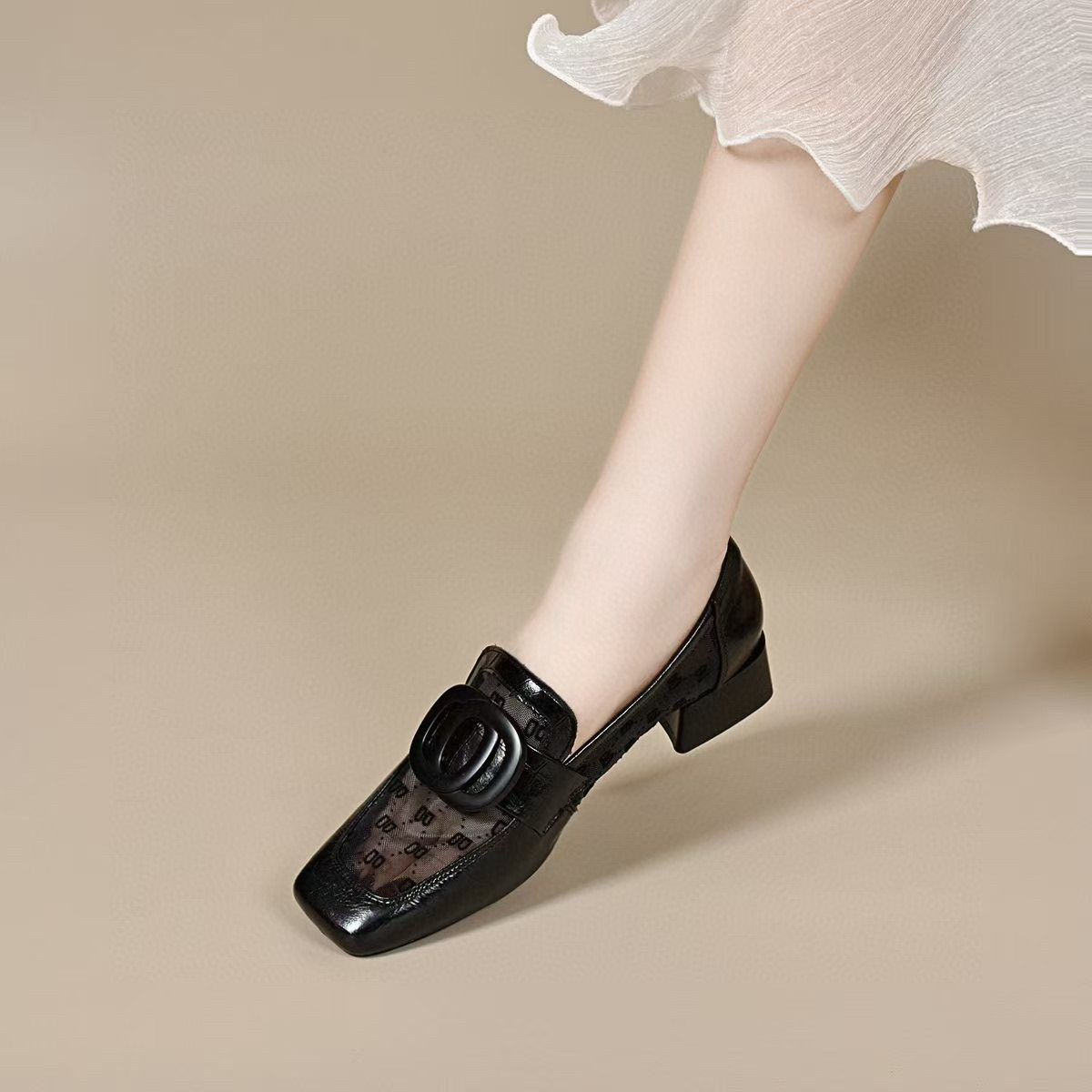 Sandal lười nữ mũi vuông gót thấp chất liệu da phối lưới thoáng khí — màu đen