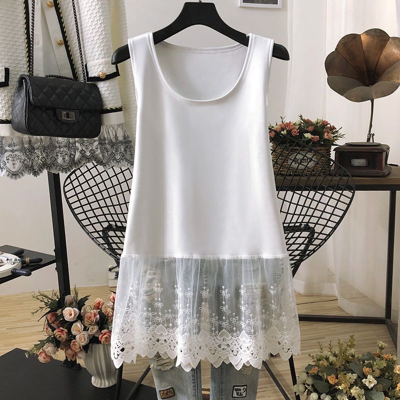 Layered Mid-Length Tops for Women in Spring, Autumn and Winter New Loose Belly-Covering Lace Splicing Bottoming Shirts with Vests