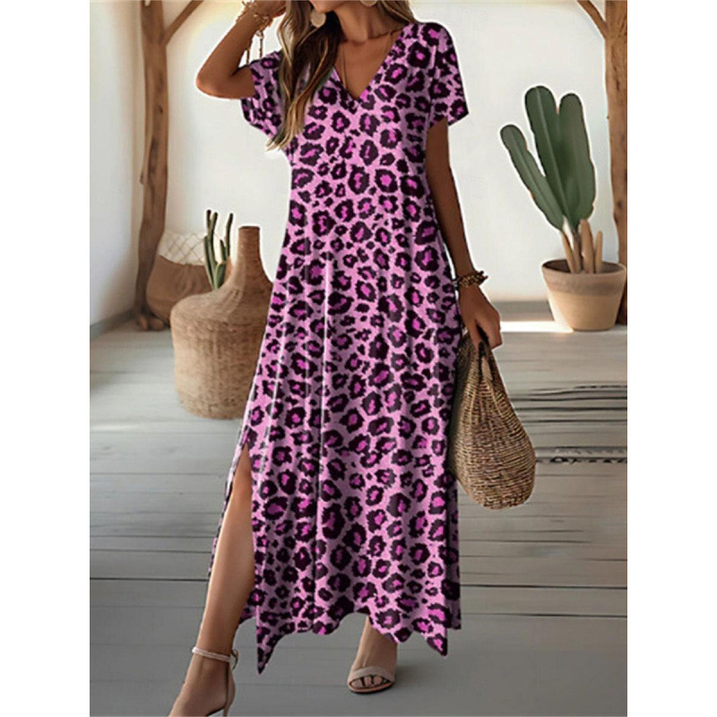 Summer Maxi Dress Casual V-Neck Long Sleeve Bohemian Peacock Print Floral Long Dress