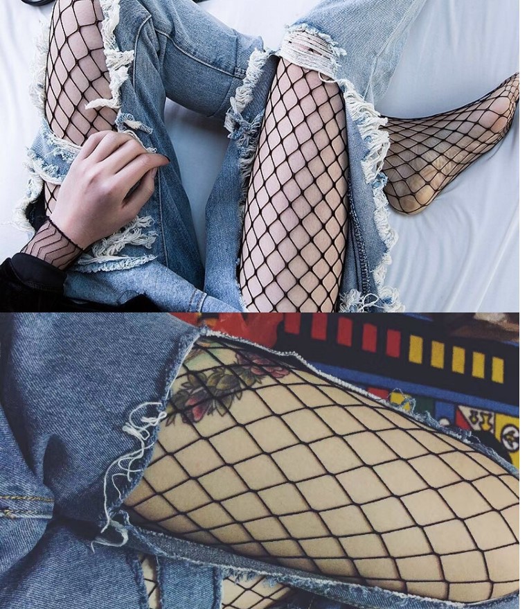 Open-Crotch Fishnet Stockings, Large-Mesh Black Pantyhose, One-Size Polyester — detail image 3
